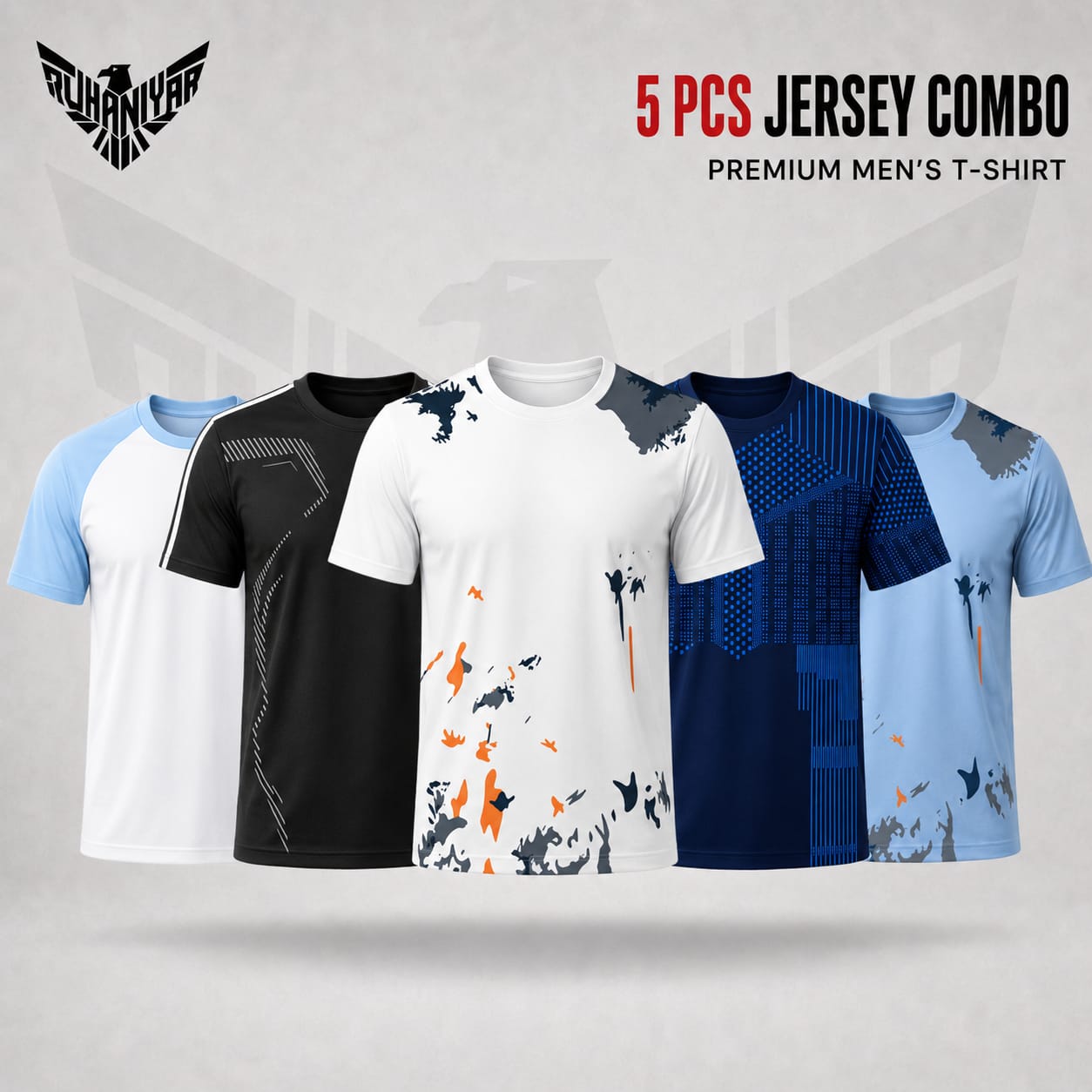 WhatsApp Image 2026-07-20 at 2.45.57 PM 5 Pcs Printed Jersey T-Shirt Combo for Men | Breathable Sports Wear - Image 1